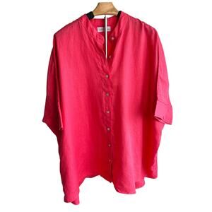 LJC Designs Womens Linen Button Up Tunic Top Bright Pink One Size Resort Beachy